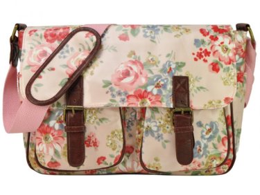 Pink-Showy-Flowers-Pattern-Oilcloth-Bag-With-Front-Pockets